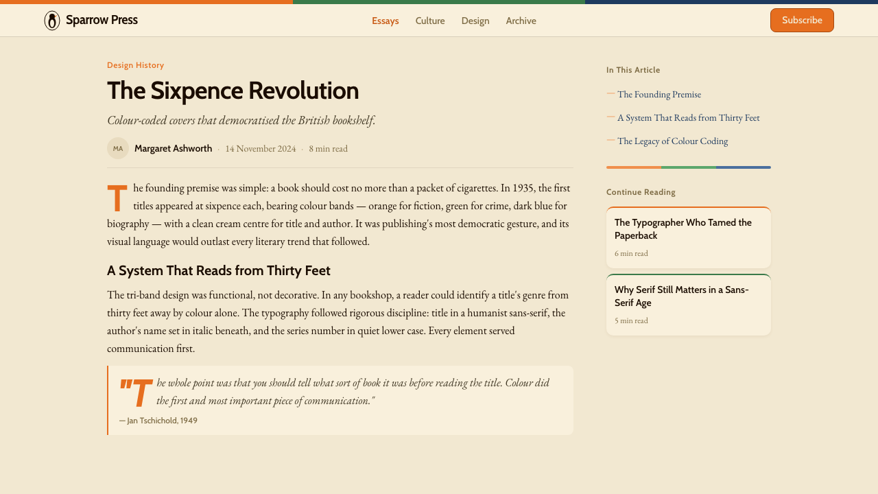 Penguin Books (1935) design style applied to a Article page
