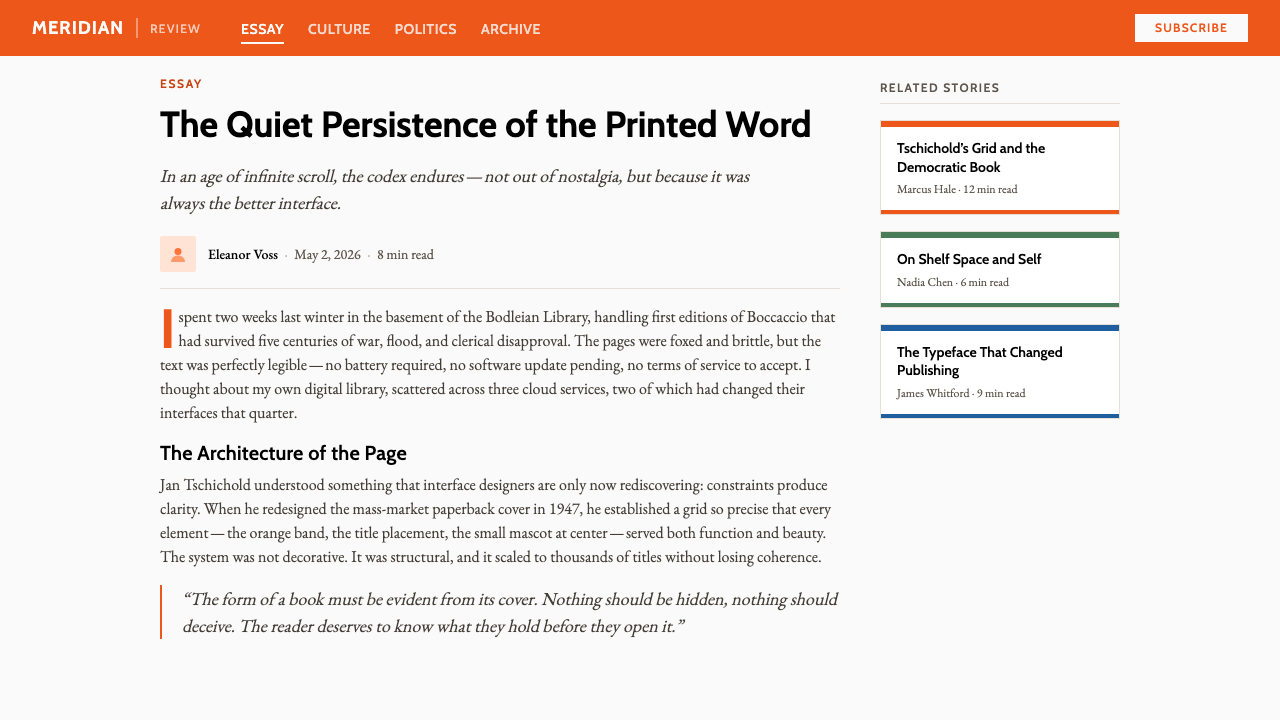 Penguin Classics Orange design style applied to a Article page