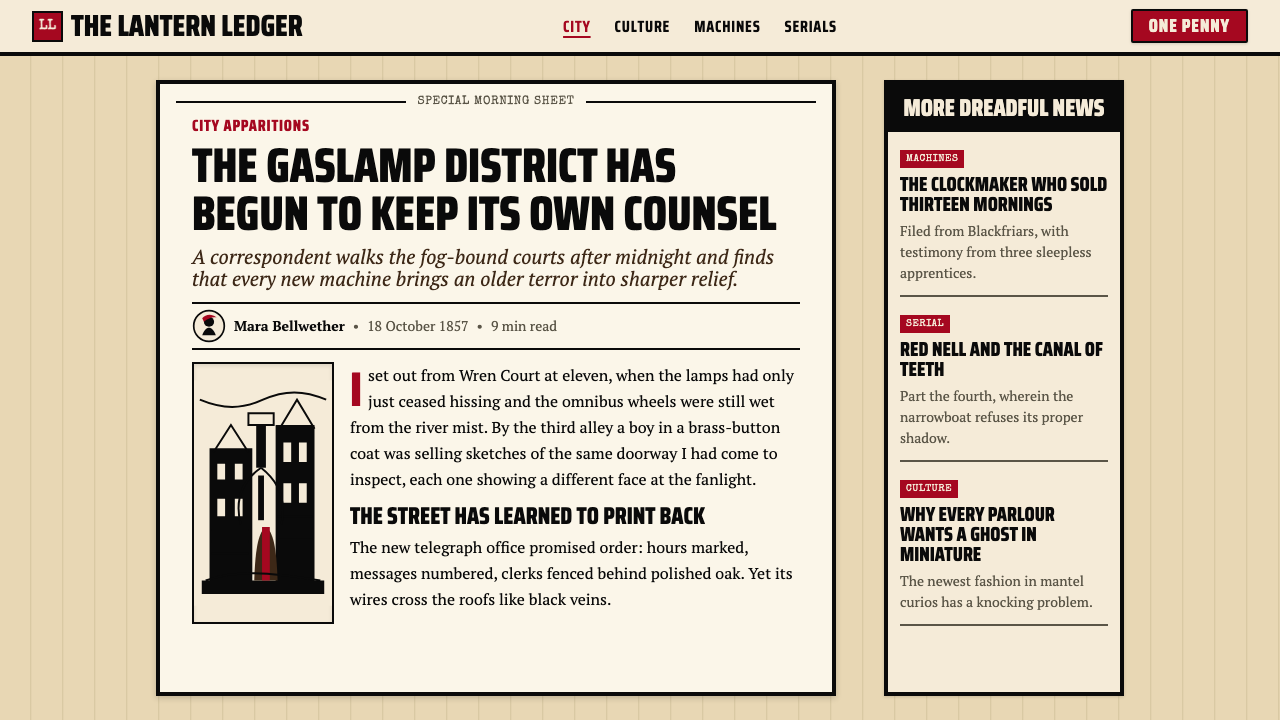 Penny Dreadful Victorian Headline (1850) design style applied to a Article page