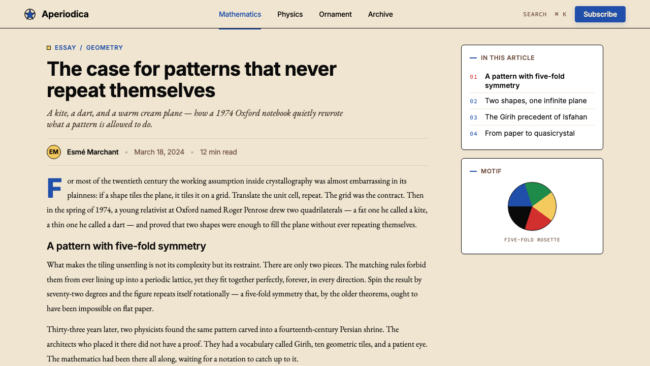 Penrose Aperiodic Tiling design style applied to a Article page