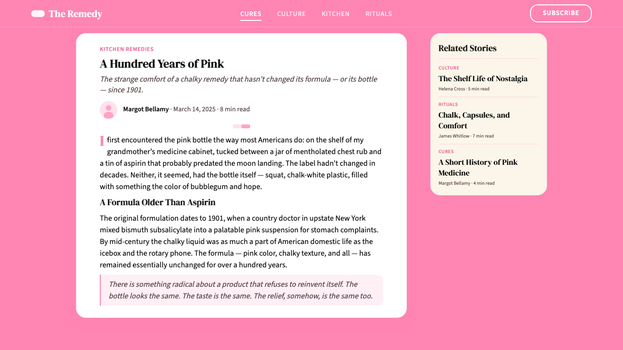 Pepto-Bismol Pink (1901) design style applied to a Article page