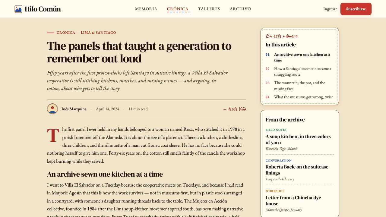 Peruvian Arpillera (Story-Cloth) design style applied to a Article page