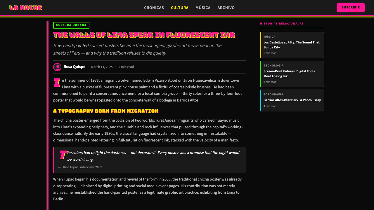 Peruvian Chicha Fluorescent Poster design style applied to a Article page