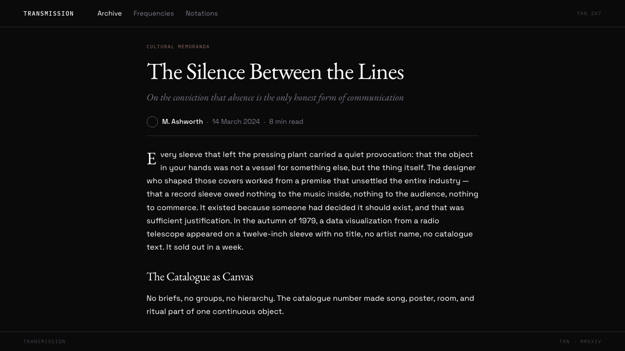 Peter Saville / Factory Records design style applied to a Article page