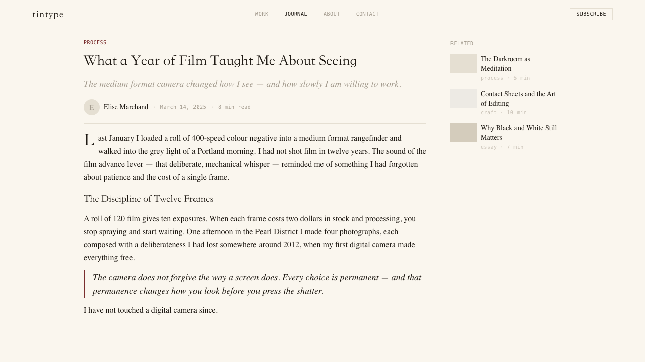 Photographer Light Folio design style applied to a Article page