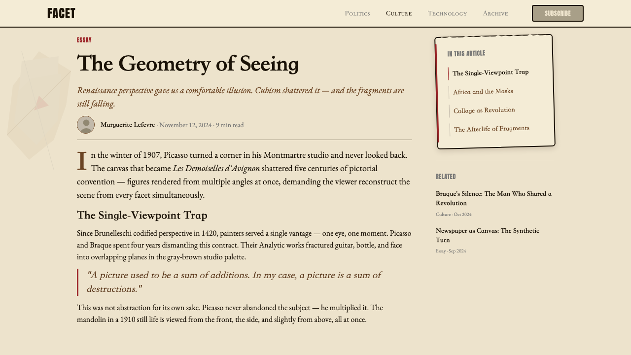 Picasso Cubism design style applied to a Article page