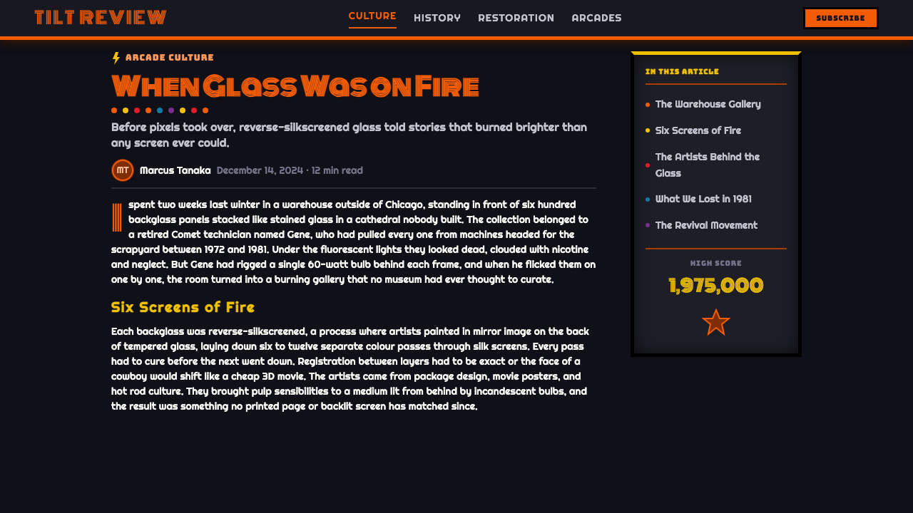 Pinball Backglass design style applied to a Article page