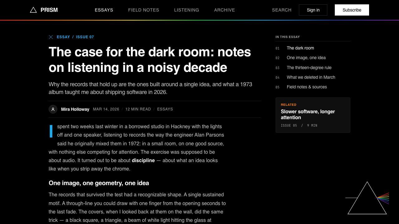 Pink Floyd — Dark Side of the Moon design style applied to a Article page