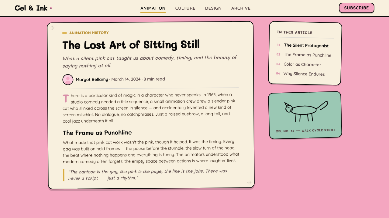 Pink Panther Cartoon (1963) design style applied to a Article page