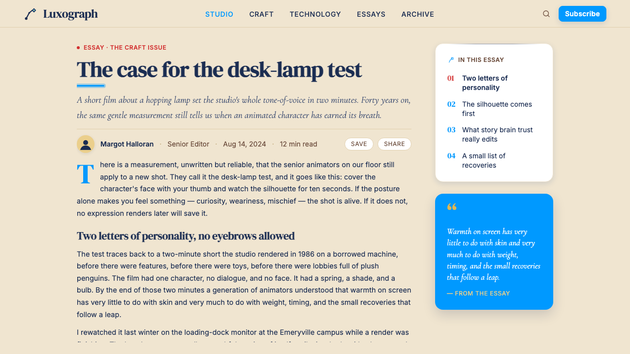 Pixar Luxo design style applied to a Article page