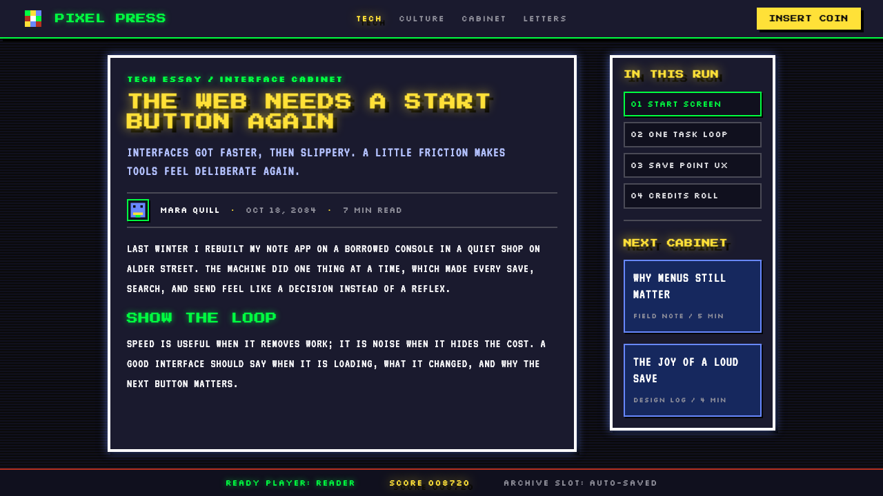 Pixel Art / 8-bit Retro design style applied to a Article page