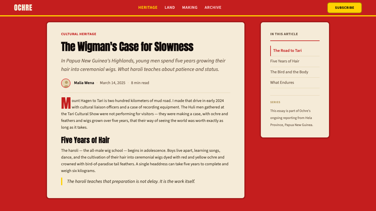 PNG Huli Wigman design style applied to a Article page