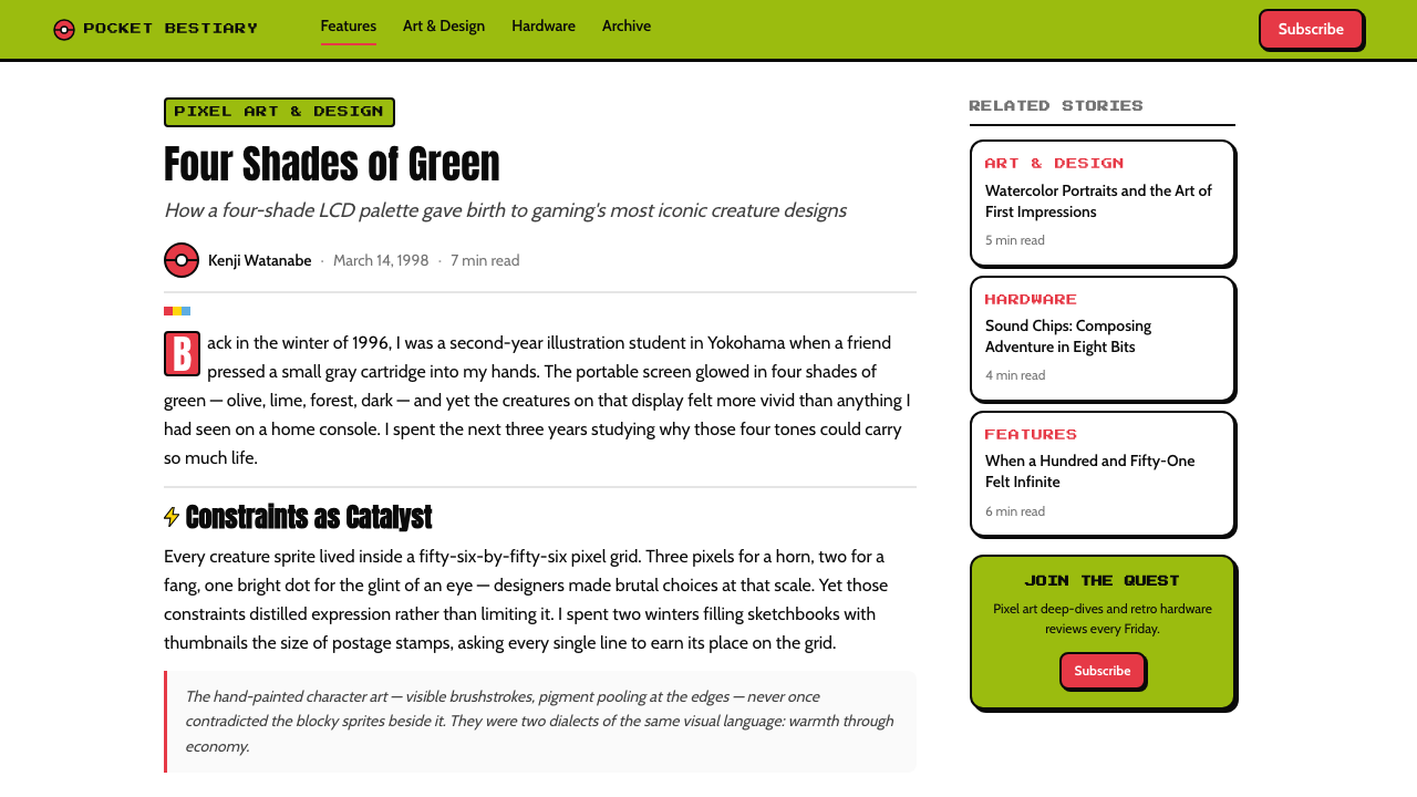 Pokémon Game Boy design style applied to a Article page