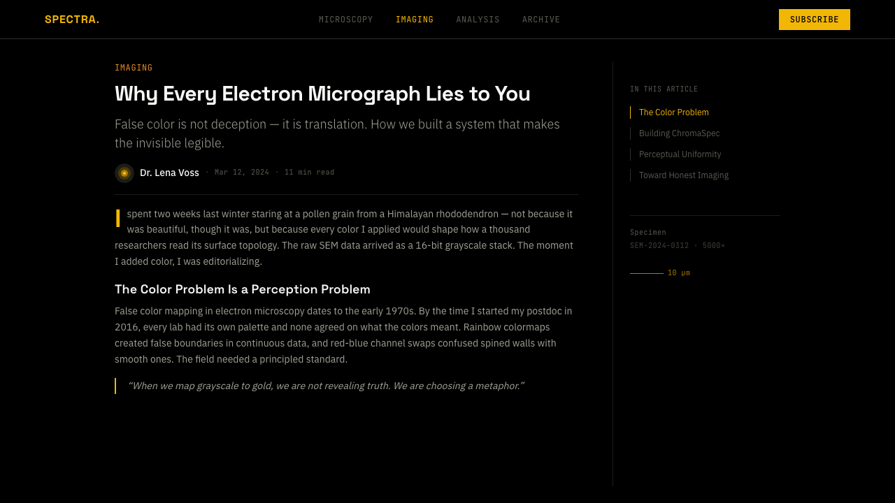 Pollen Micrograph design style applied to a Article page