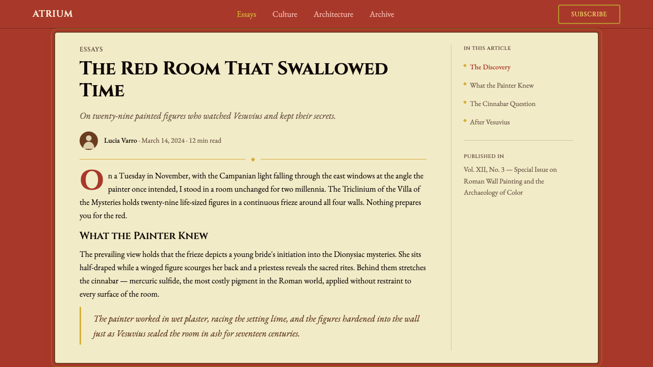 Pompeii Fresco Villa of Mysteries design style applied to a Article page