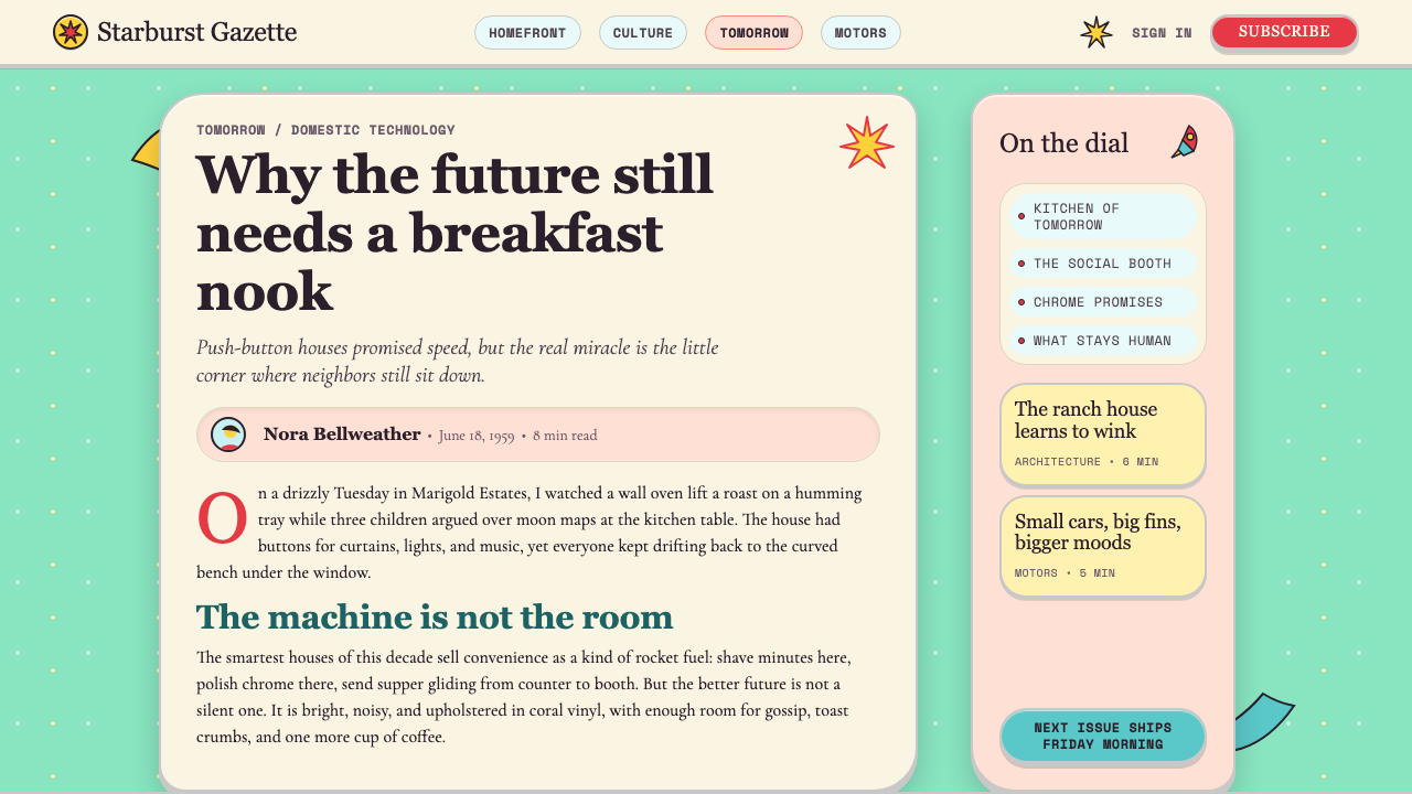 Populuxe Atomic Age design style applied to a Article page