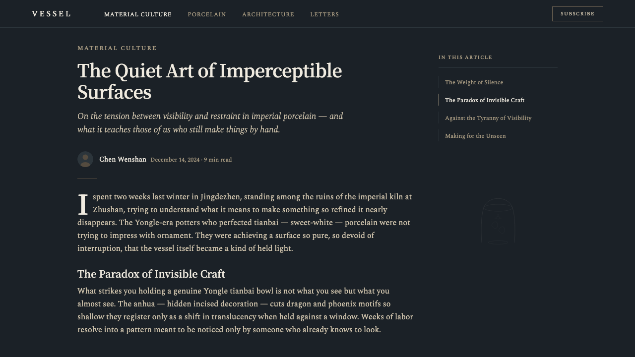 Jingdezhen Blanc design style applied to a Article page
