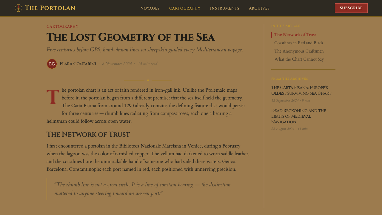 Portolan Rhumb Chart design style applied to a Article page