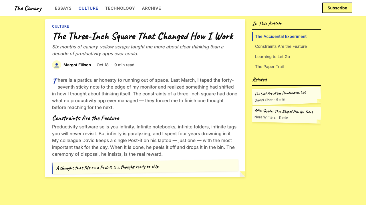 Post-it Canary Yellow (1980) design style applied to a Article page
