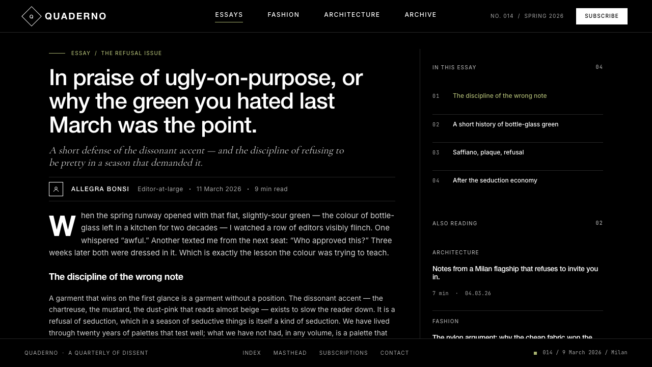 Prada Milan Minimalist design style applied to a Article page