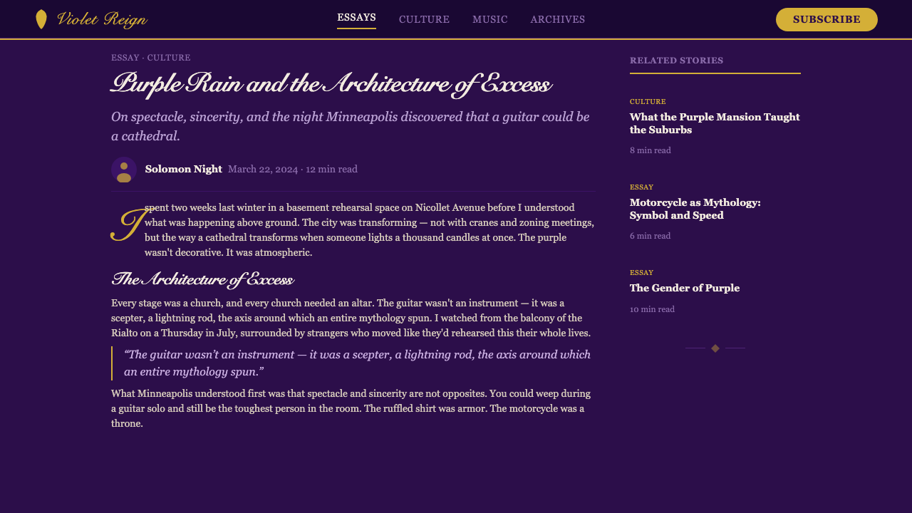 Prince — Purple Rain (1984) design style applied to a Article page