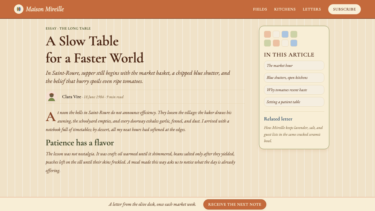 Provençal Mediterranean design style applied to a Article page
