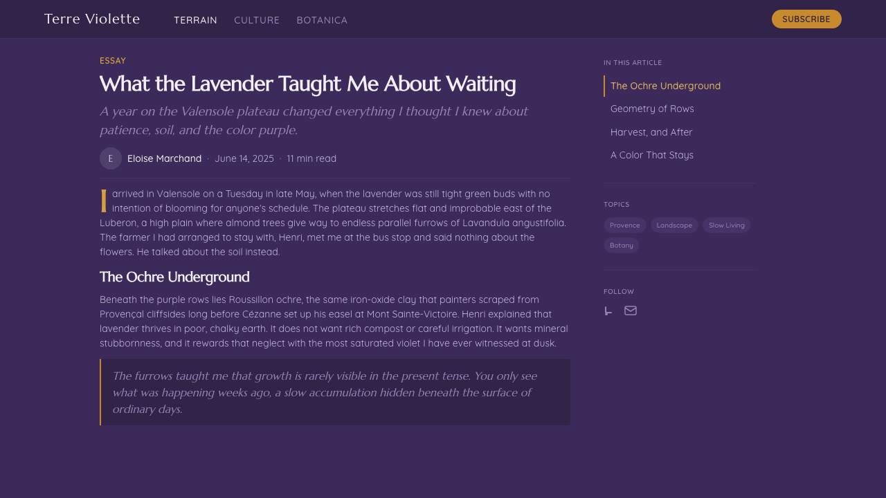 Provence Lavender design style applied to a Article page