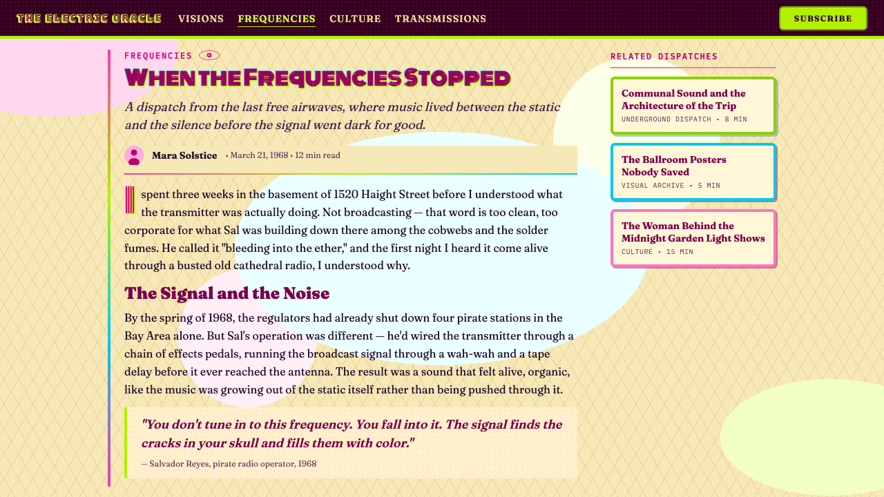 Psychedelic Haight-Ashbury 1968 design style applied to a Article page