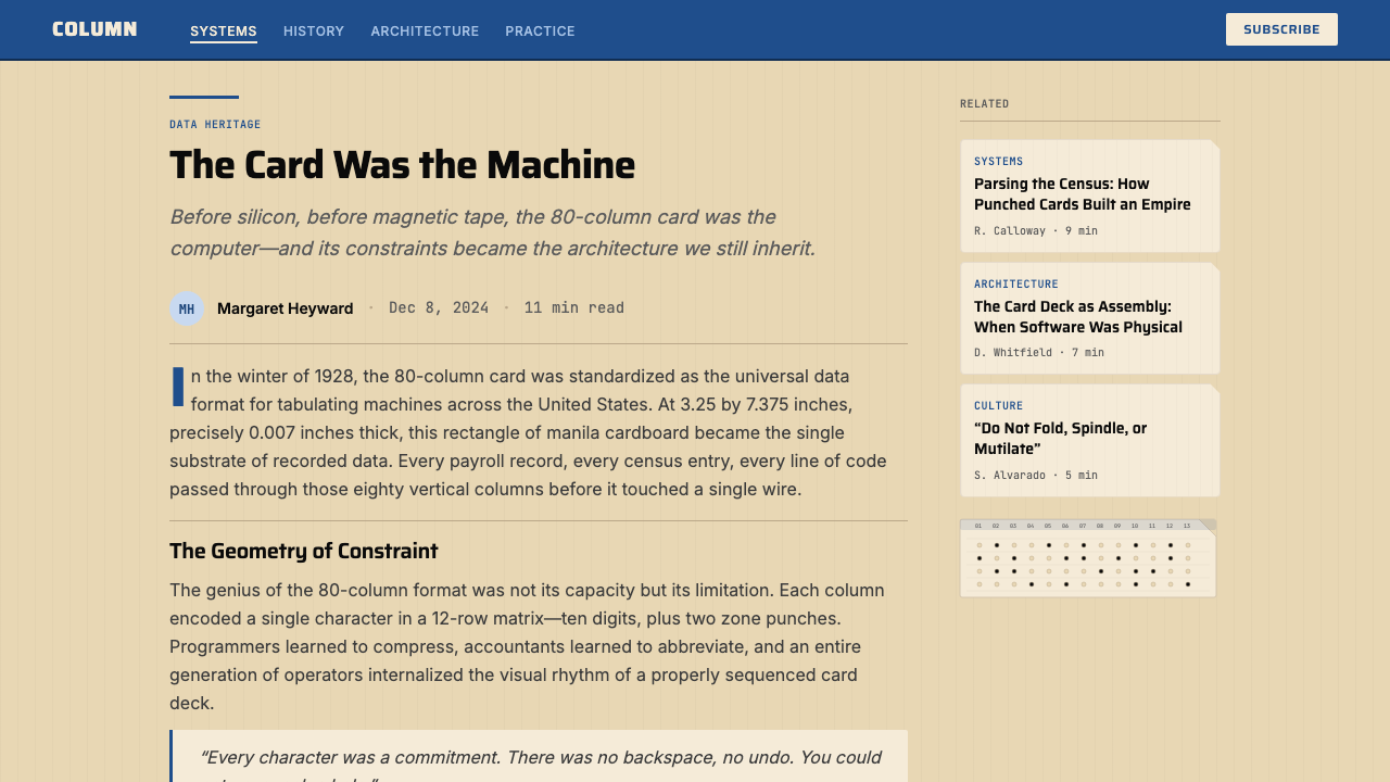 IBM Punchcard 029 (1928) design style applied to a Article page