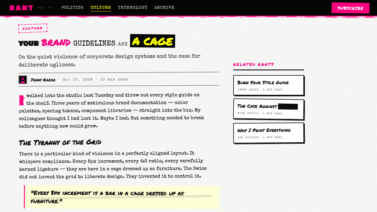 Punk Xerox 1977 design style applied to a Article page