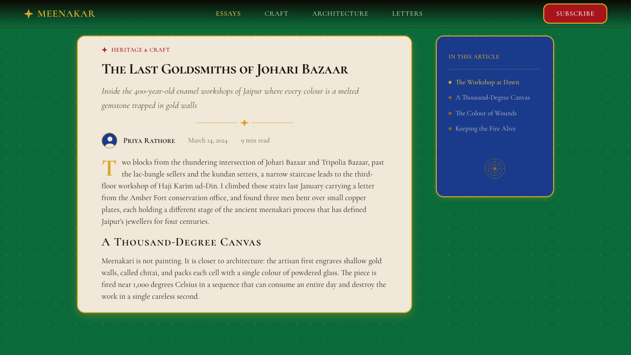 Rajasthani Meenakari Enamel design style applied to a Article page