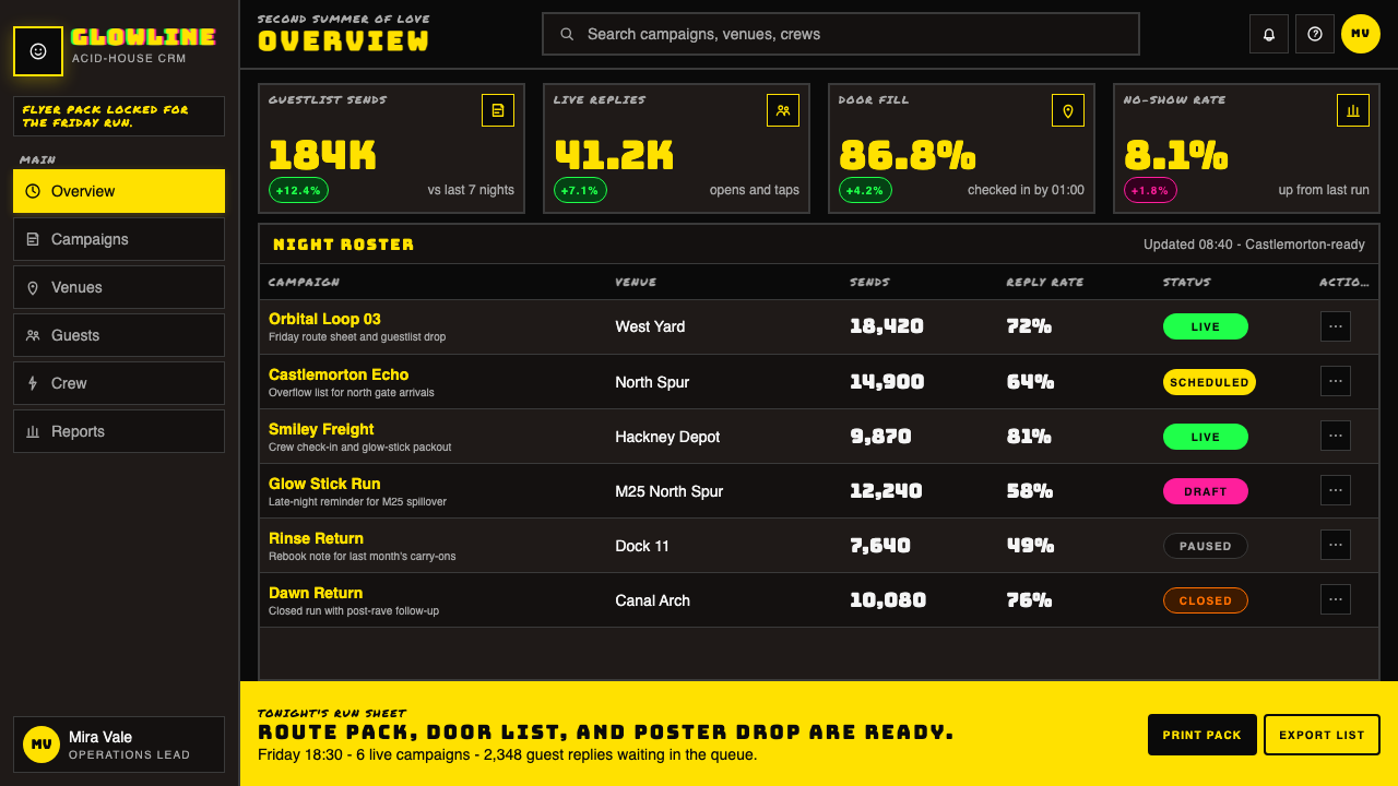 UK Rave Glow-Stick Flyer design style applied to a Dashboard