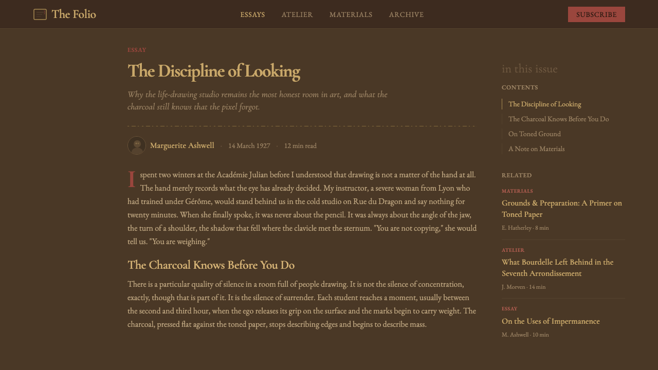 Raw Umber Sketchbook design style applied to a Article page