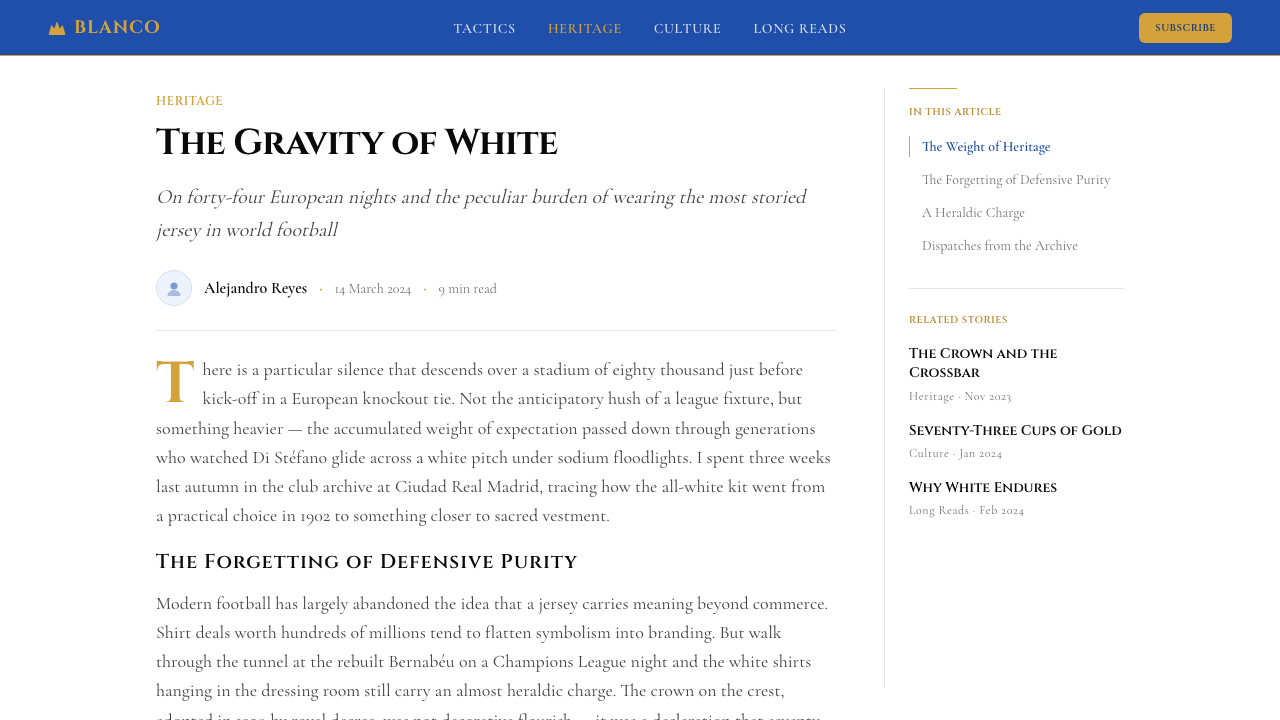 Real Madrid (Blanco) design style applied to a Article page