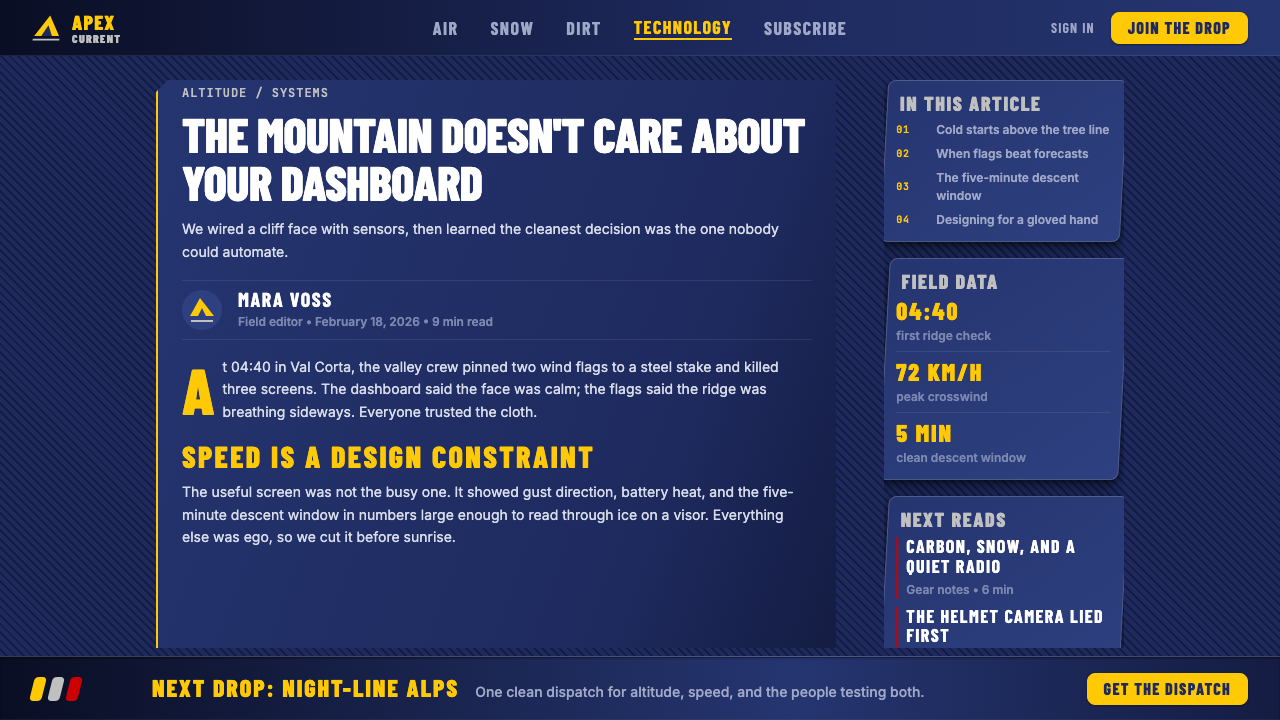 Red Bull Extreme Sports design style applied to a Article page