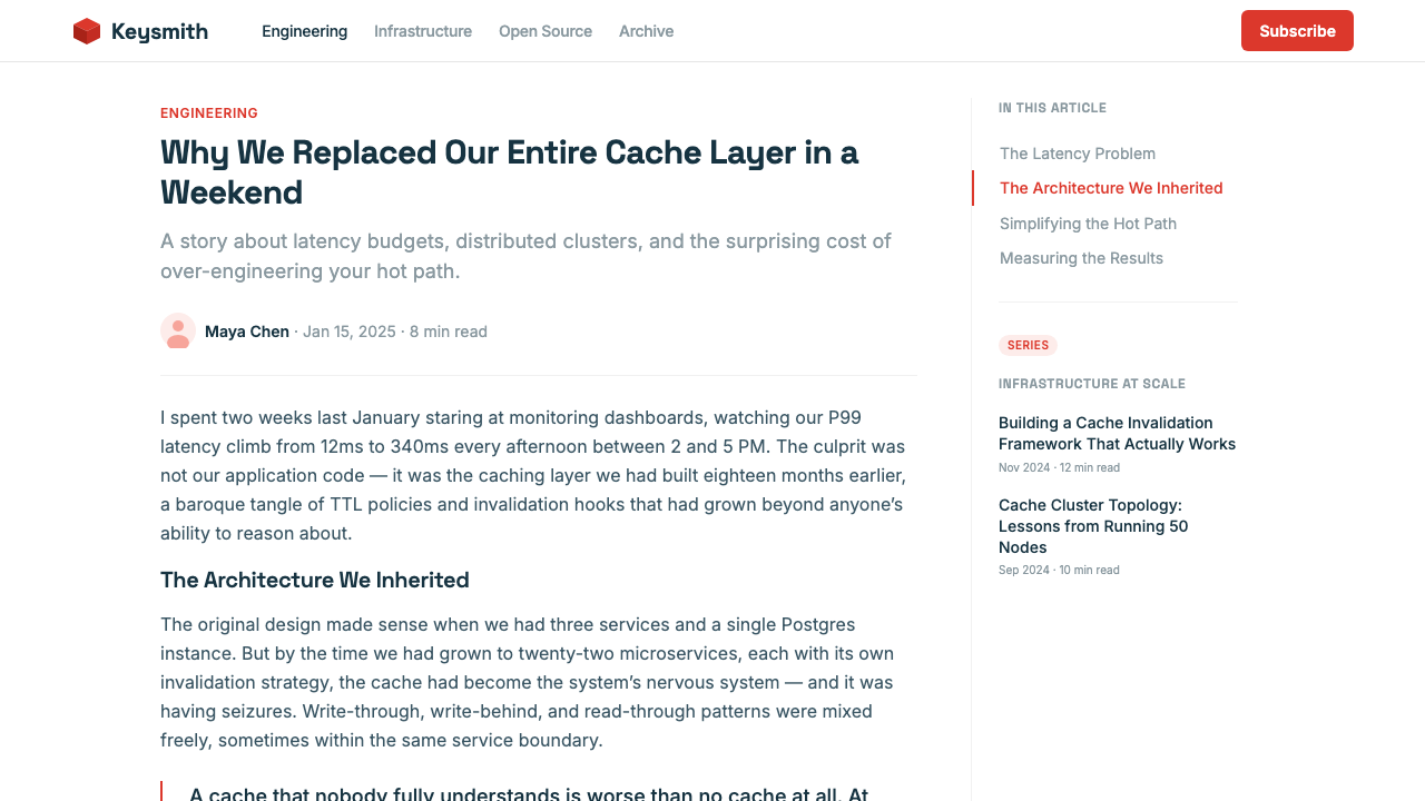 Redis Cache Red design style applied to a Article page