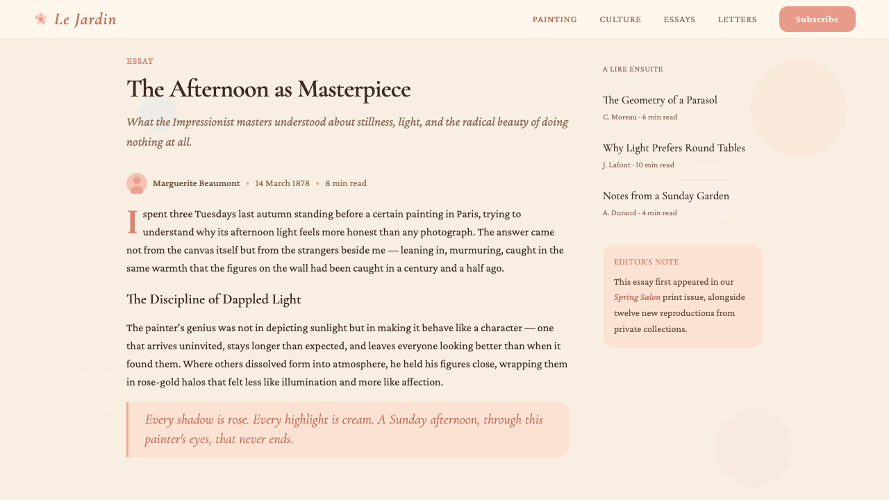 Renoir Impressionism design style applied to a Article page
