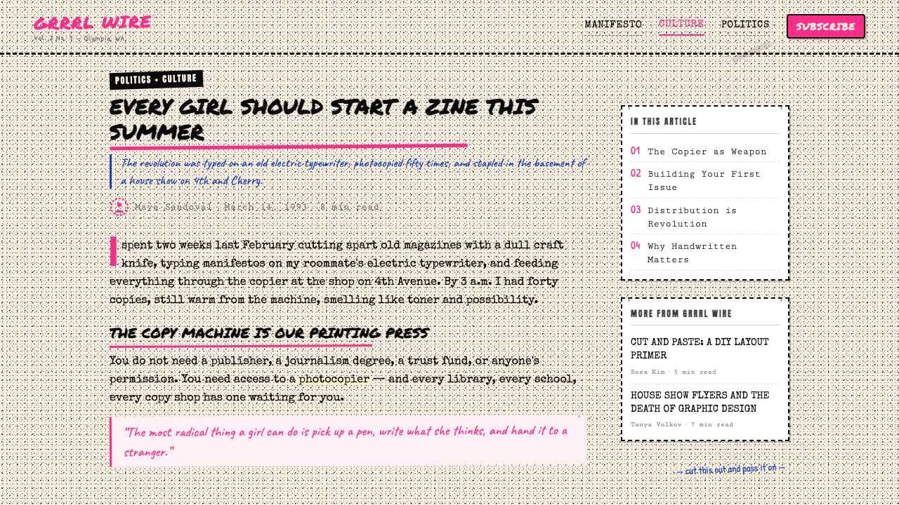 Riot Grrrl Zine (1991) design style applied to a Article page