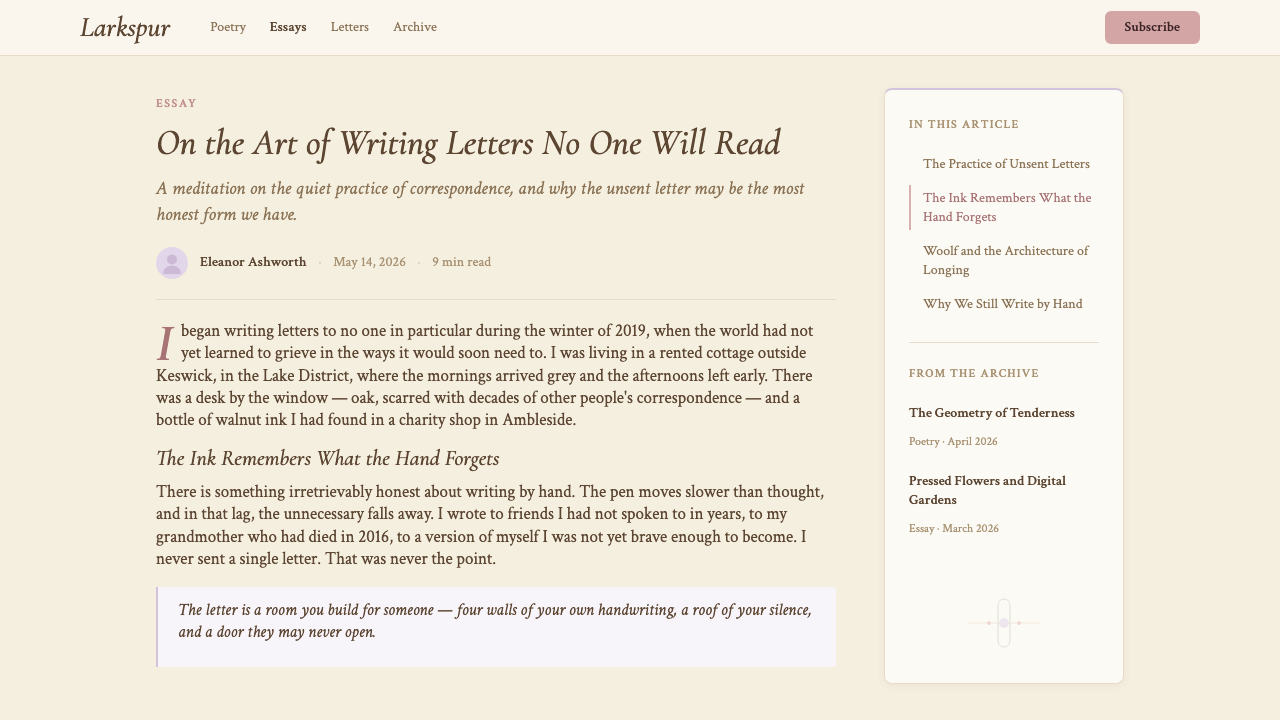 Romantic Academia design style applied to a Article page