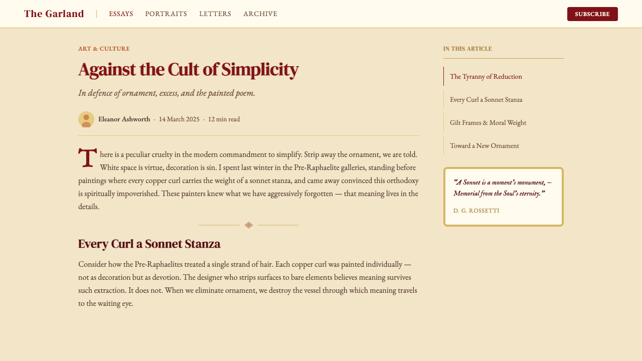 Rossetti — Pre-Raphaelite Stunner design style applied to a Article page