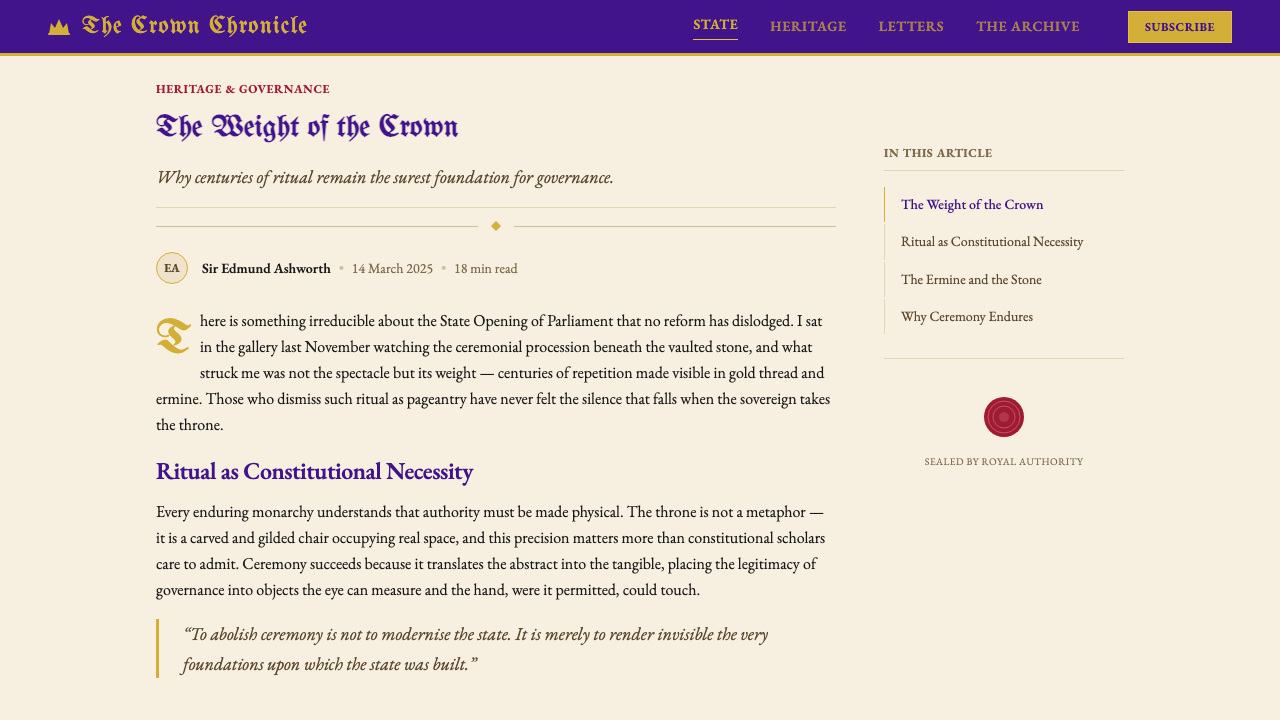 British Royal Monarchy design style applied to a Article page