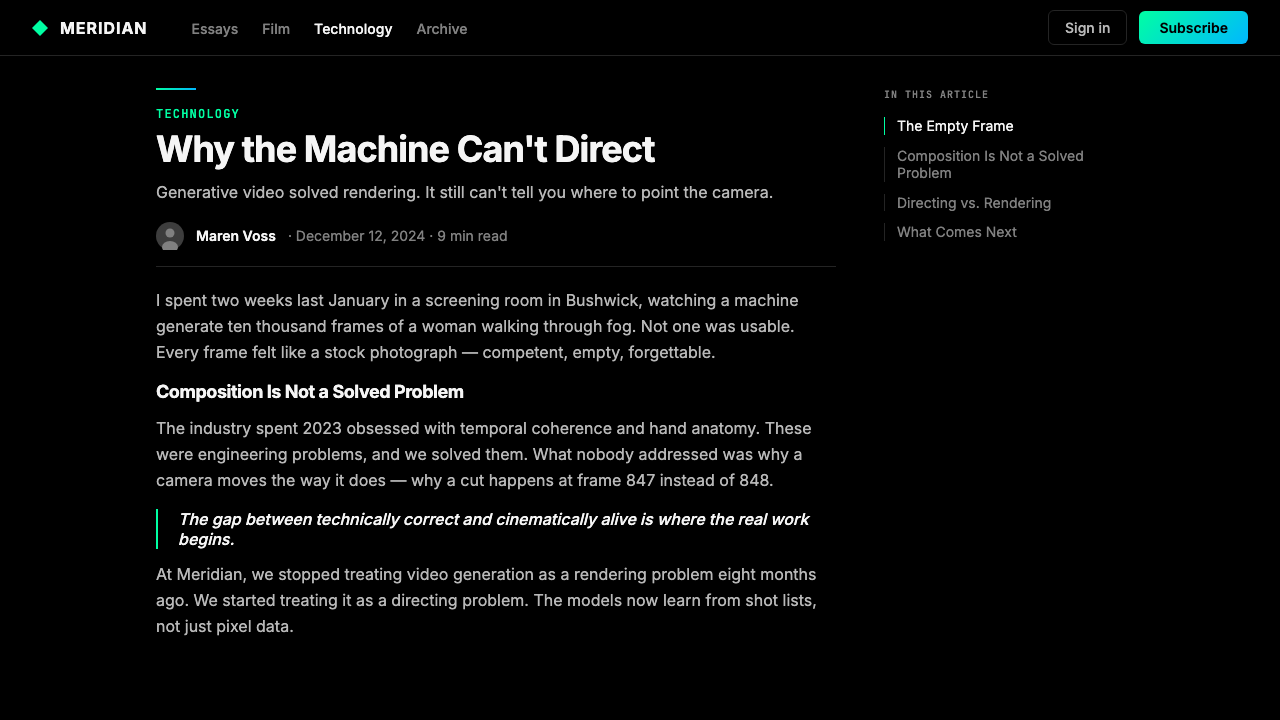 Runway ML design style applied to a Article page