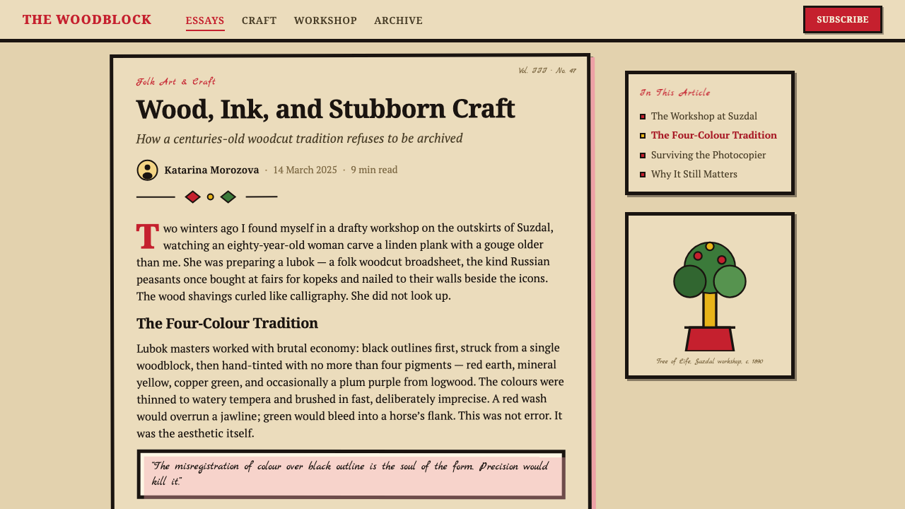 Russian Lubok design style applied to a Article page
