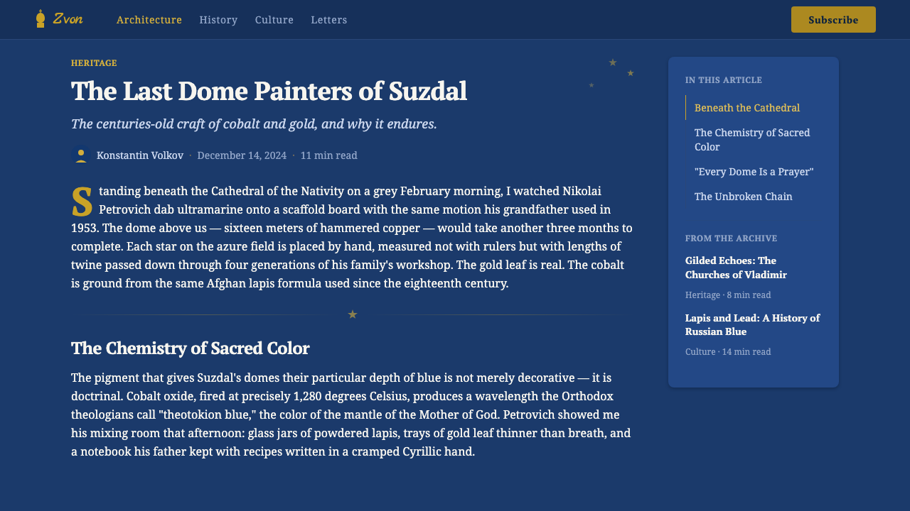 Russian Onion Domes design style applied to a Article page