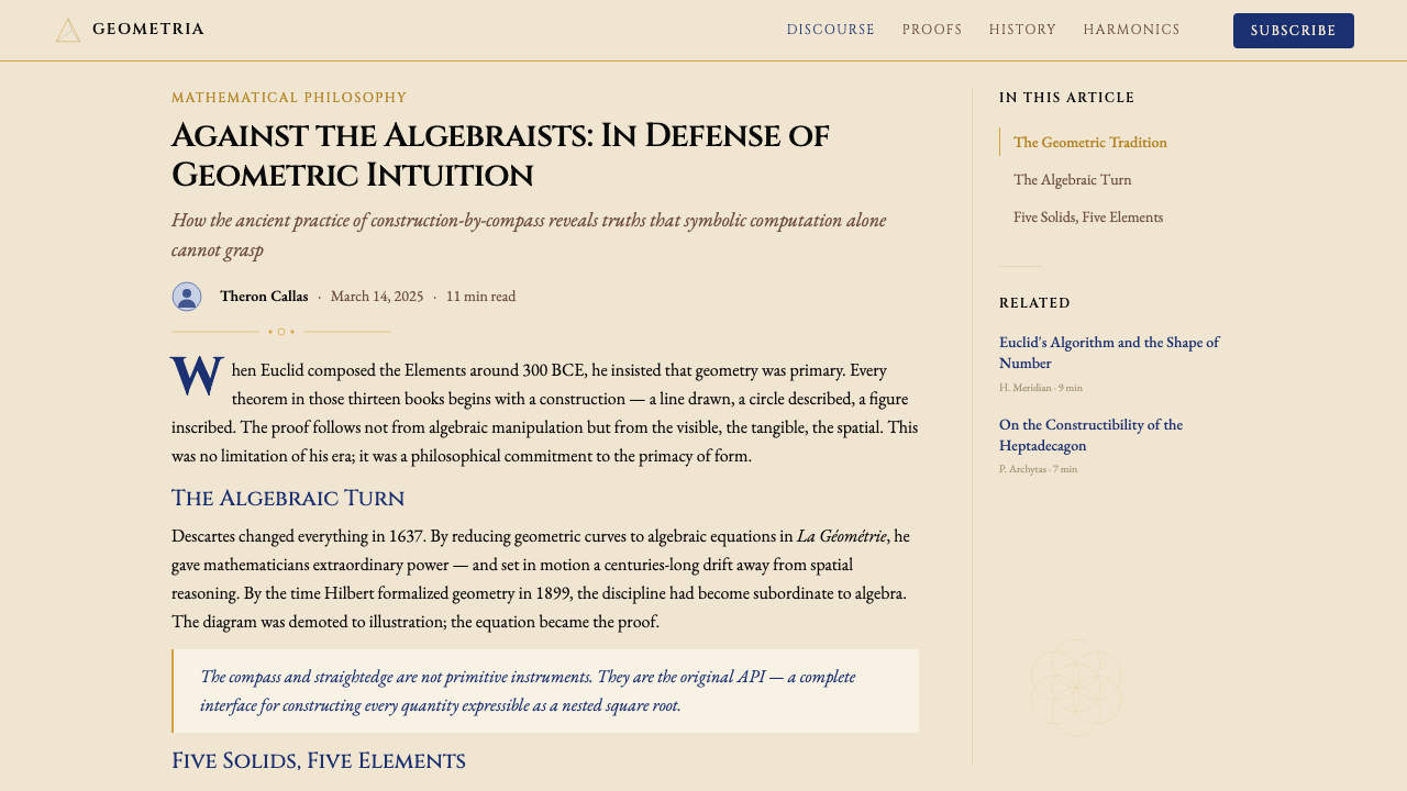 Sacred Geometry Platonic Solids design style applied to a Article page
