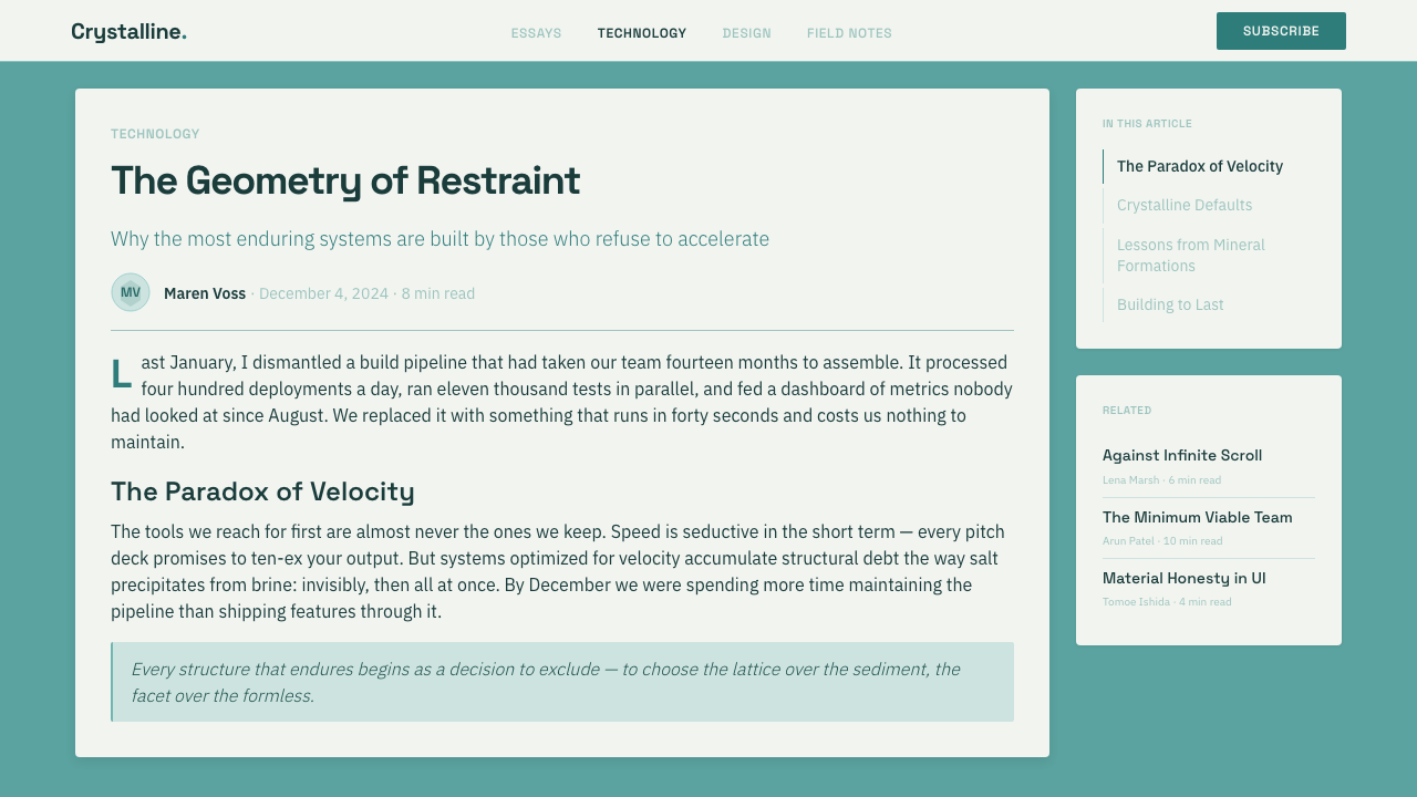 Salt Crystal Evaporite design style applied to a Article page