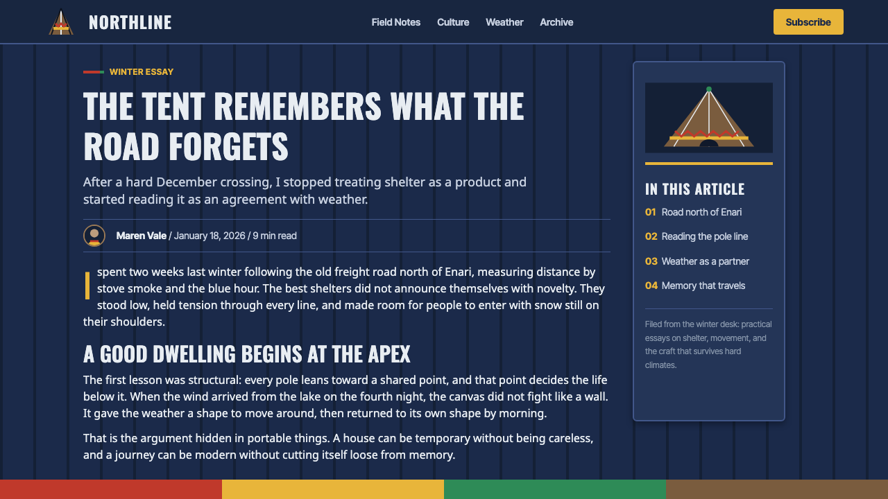 Sámi Lavvu design style applied to a Article page