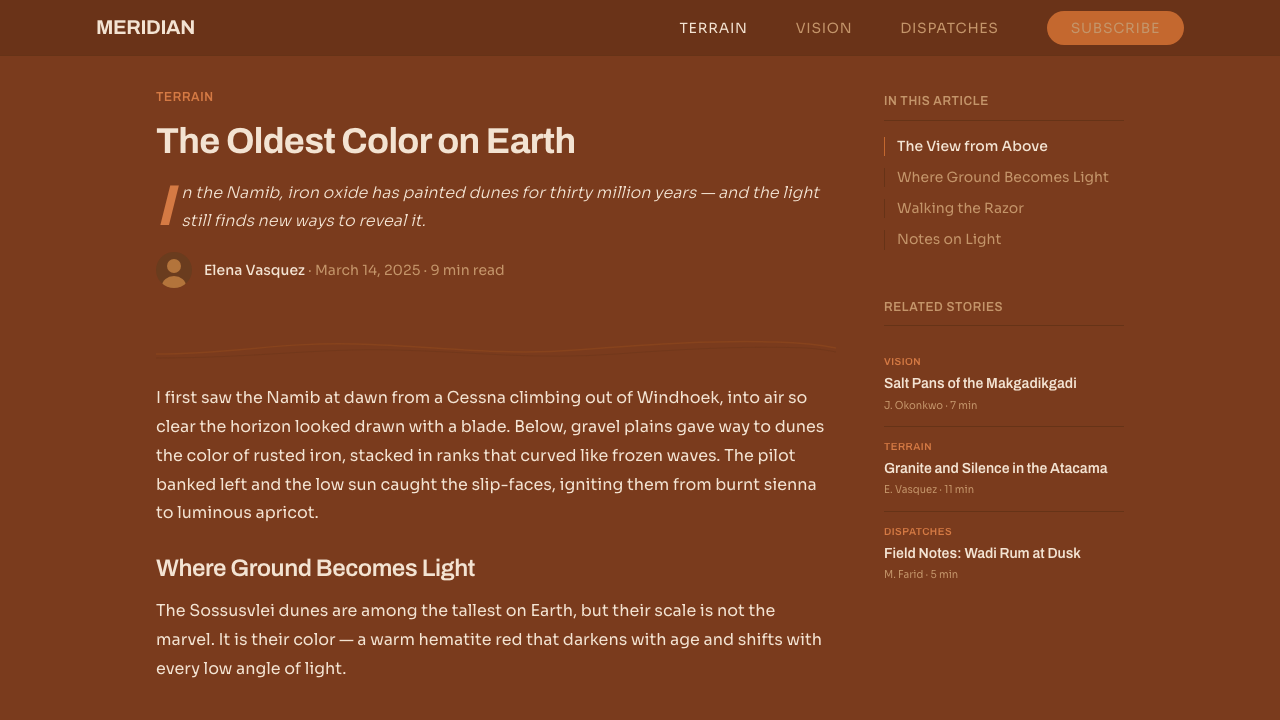 Namib Sand Dunes design style applied to a Article page