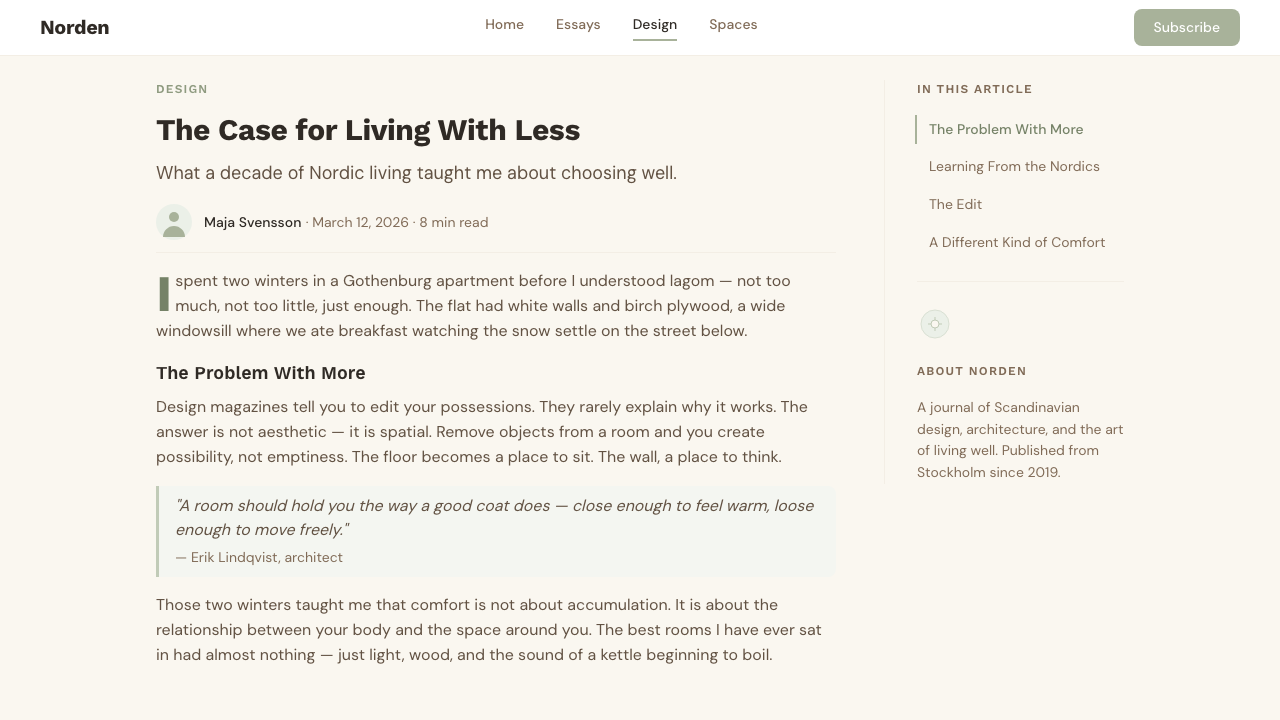 Scandi Hygge (IKEA) design style applied to a Article page