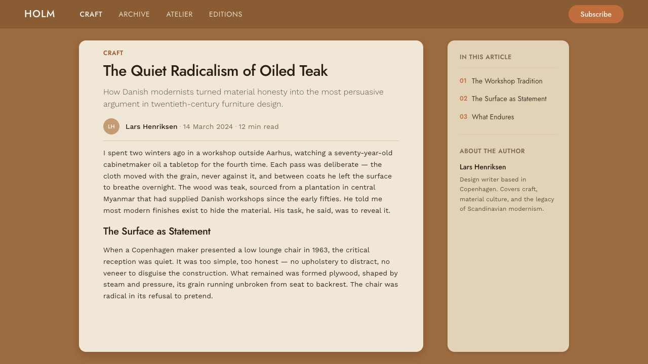Scandinavian Teak Modern design style applied to a Article page